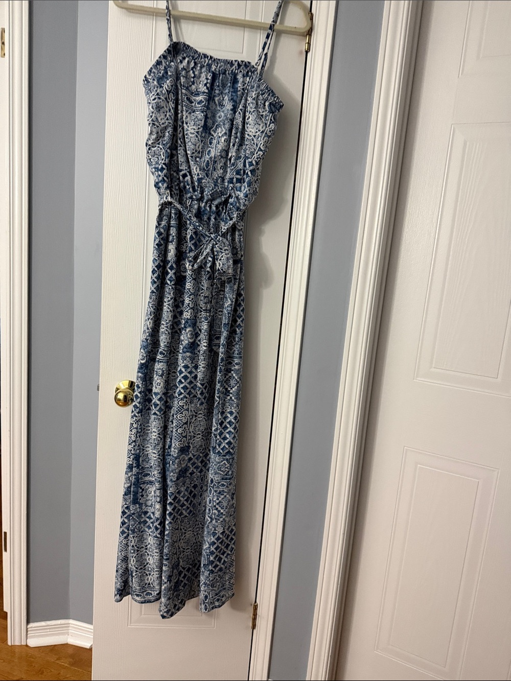 Blue Printed Spaghetti-Strap / Strapless Jumpsuit with Tie Waist